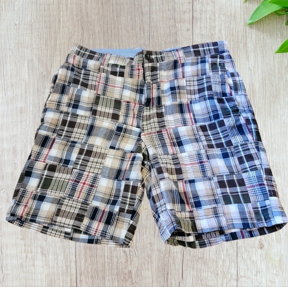CHAPS Madras Plaid Flat Front Shorts Mens Size 36 Patchwork Preppy Geek T08